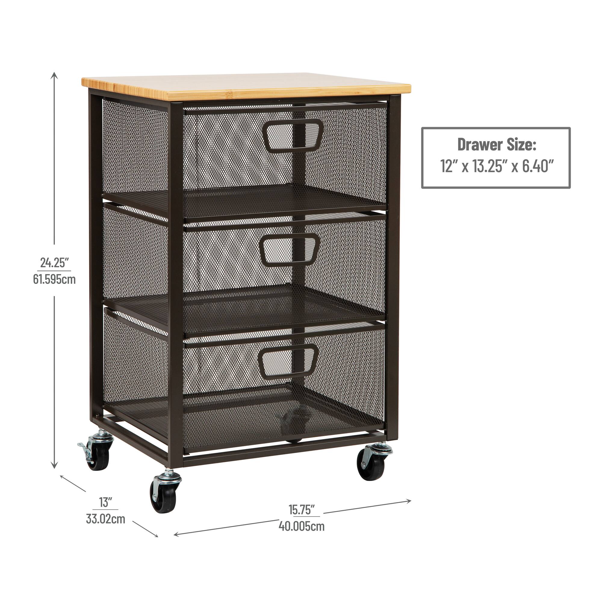 Mind Reader Black 3-Tier Metal Rolling File Cart with Drawers